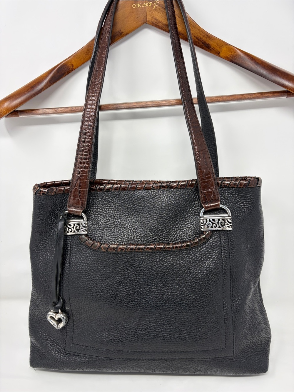 Brighton Black Pebbled Leather Tote with Brown Croc-Trim
